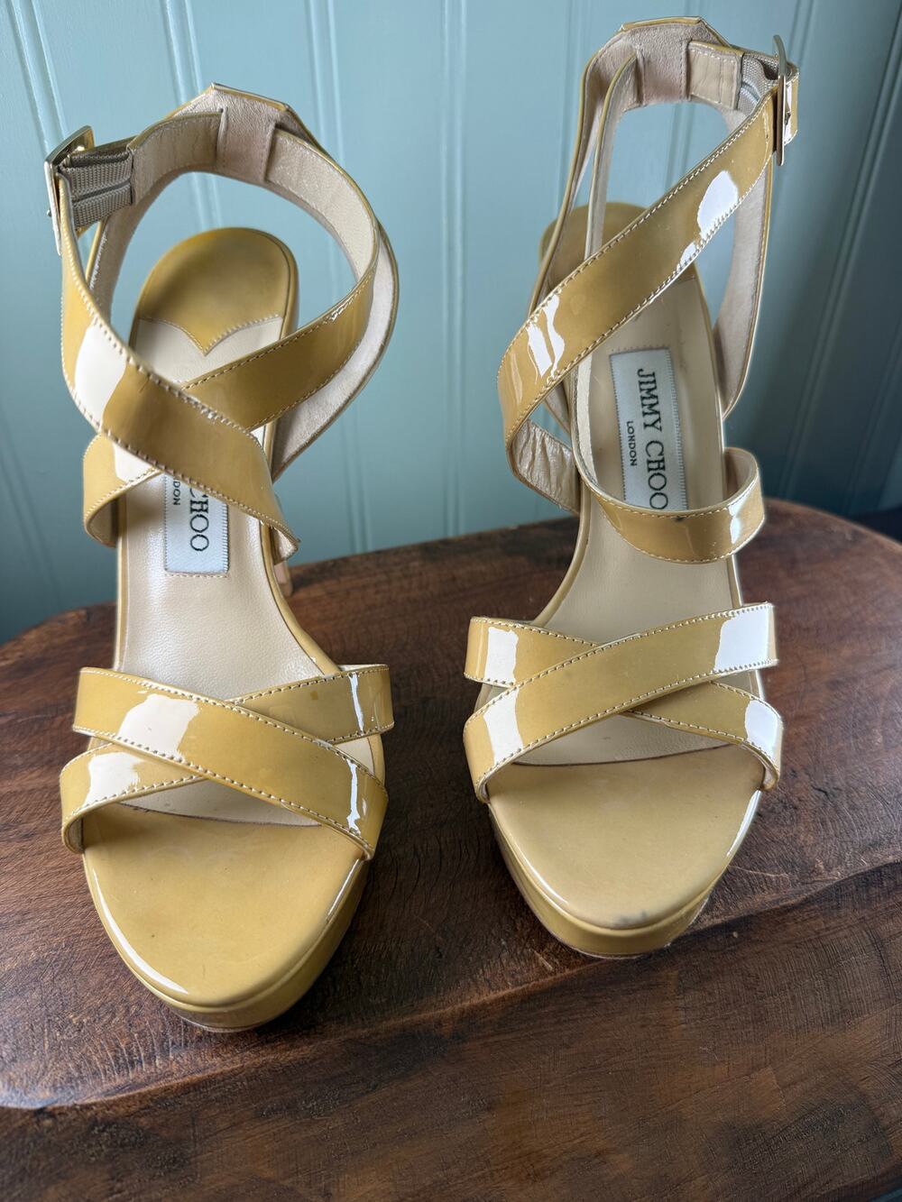 Jimmy Choo Tan Patent Leather Strappy Platform Stiletto Sandals EU38.5